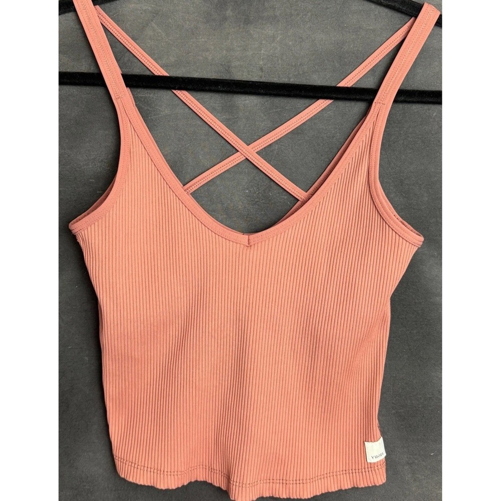 Vuori Ribbed Crop Tank Top Pink V-Neck Criss Cross Back Shelf Bra Activewear XS